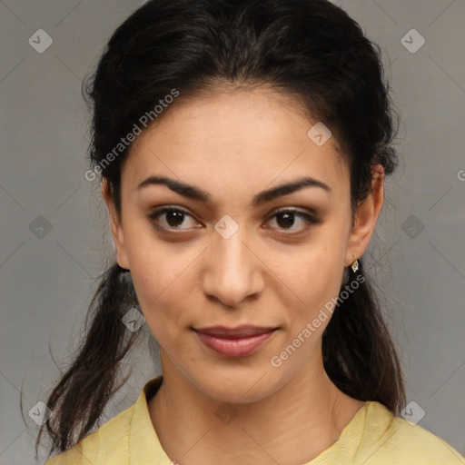 Joyful latino young-adult female with medium  brown hair and brown eyes