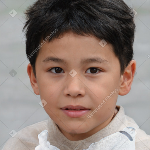 Joyful white child male with short  brown hair and brown eyes