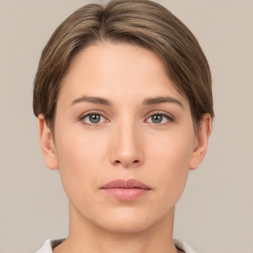 Neutral white young-adult female with short  brown hair and brown eyes