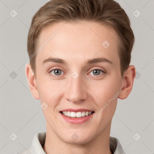 Joyful white young-adult female with short  brown hair and grey eyes