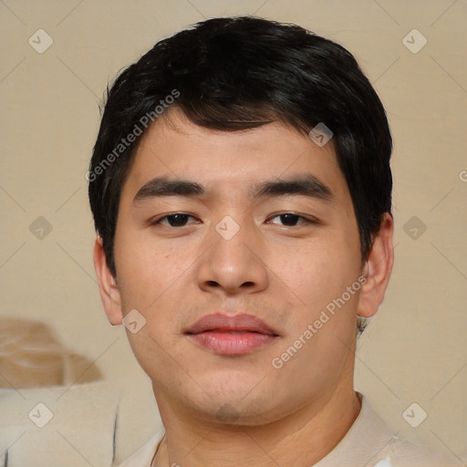 Neutral asian young-adult male with short  brown hair and brown eyes