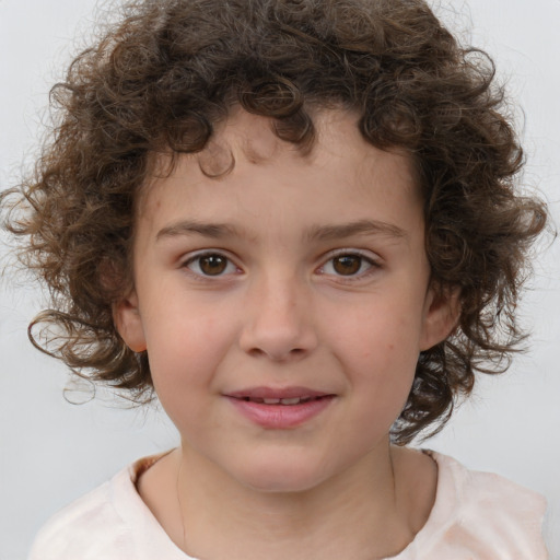 Joyful white child female with medium  brown hair and brown eyes