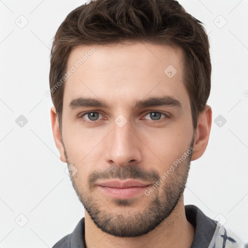 Neutral white young-adult male with short  brown hair and brown eyes