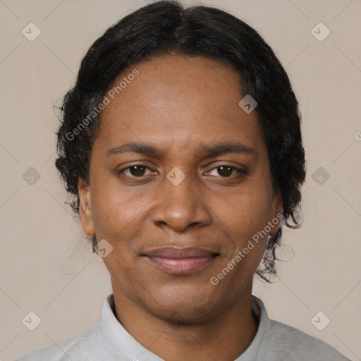 Joyful black adult female with short  brown hair and brown eyes