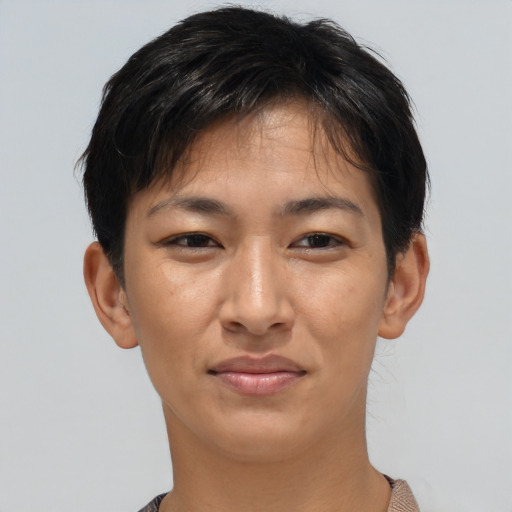 Joyful asian young-adult female with short  brown hair and brown eyes
