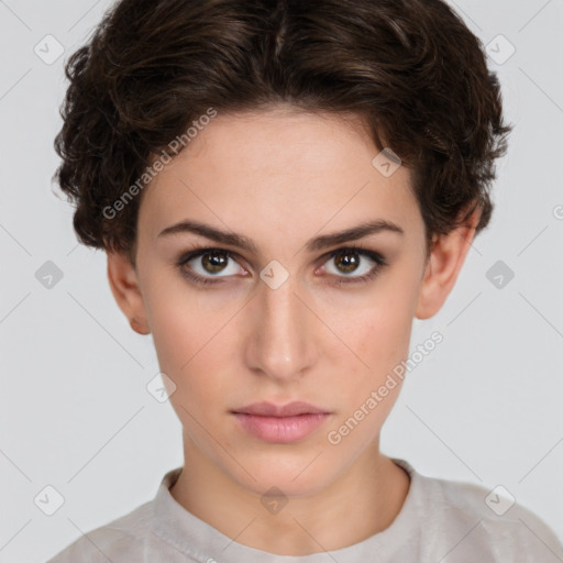 Neutral white young-adult female with short  brown hair and brown eyes