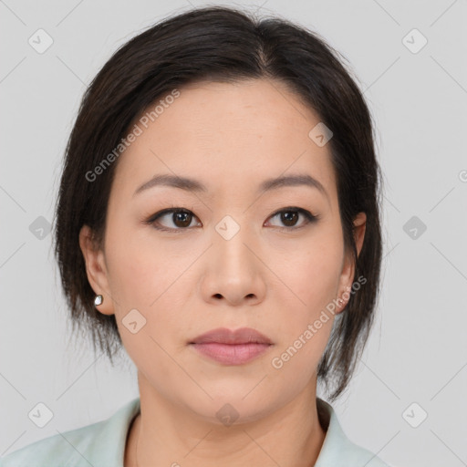 Neutral asian young-adult female with medium  brown hair and brown eyes