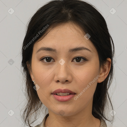 Joyful white young-adult female with long  brown hair and brown eyes