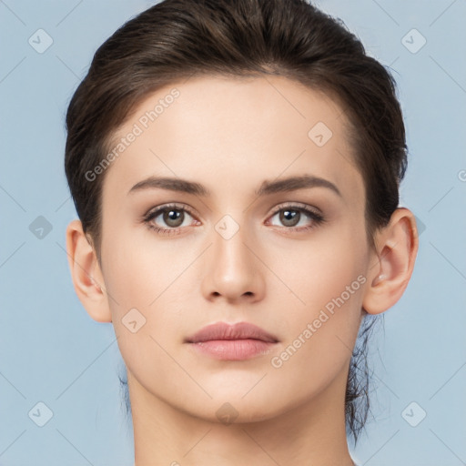 Neutral white young-adult female with short  brown hair and brown eyes