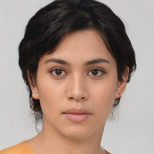 Neutral asian young-adult female with medium  brown hair and brown eyes