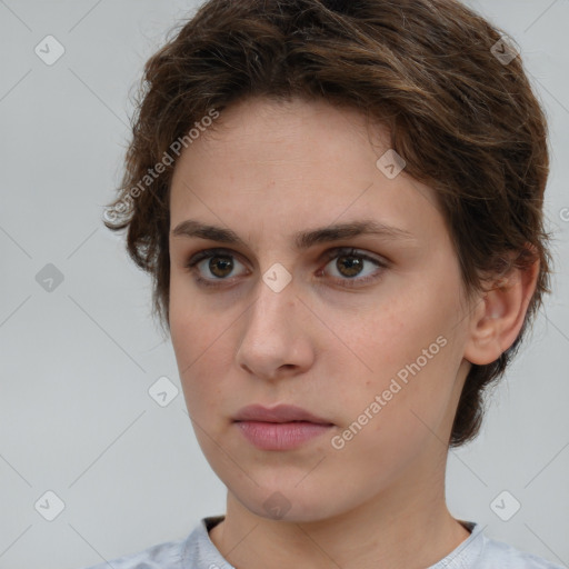 Neutral white young-adult female with short  brown hair and brown eyes