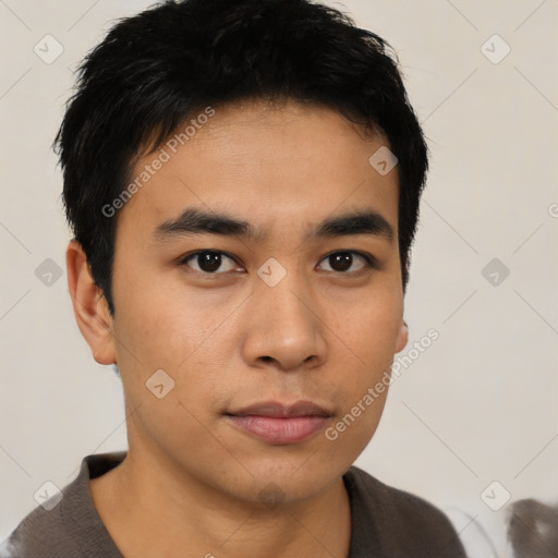 Neutral asian young-adult male with short  brown hair and brown eyes