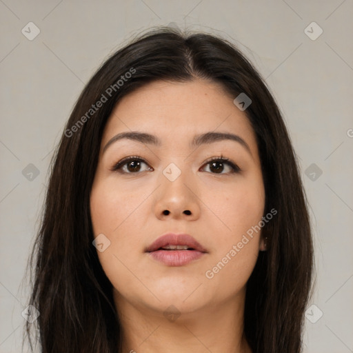 Neutral asian young-adult female with long  brown hair and brown eyes