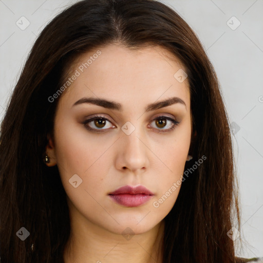 Neutral white young-adult female with long  brown hair and brown eyes