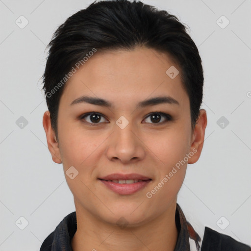 Joyful asian young-adult female with short  brown hair and brown eyes