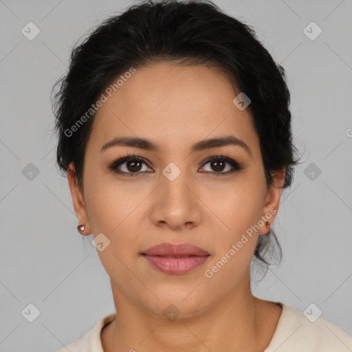 Joyful latino young-adult female with short  brown hair and brown eyes