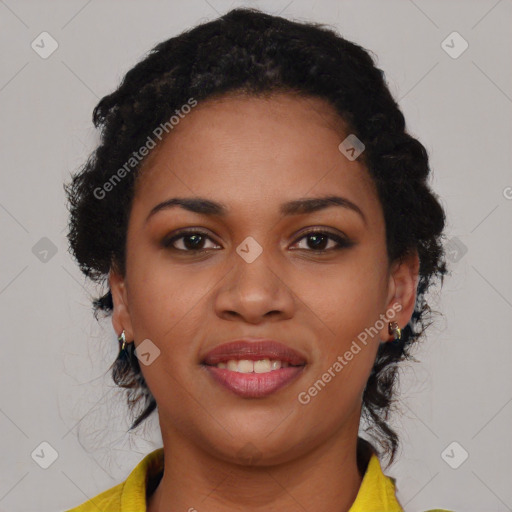 Joyful black young-adult female with medium  black hair and brown eyes