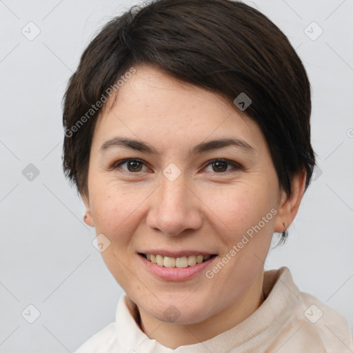 Joyful white young-adult female with short  brown hair and brown eyes