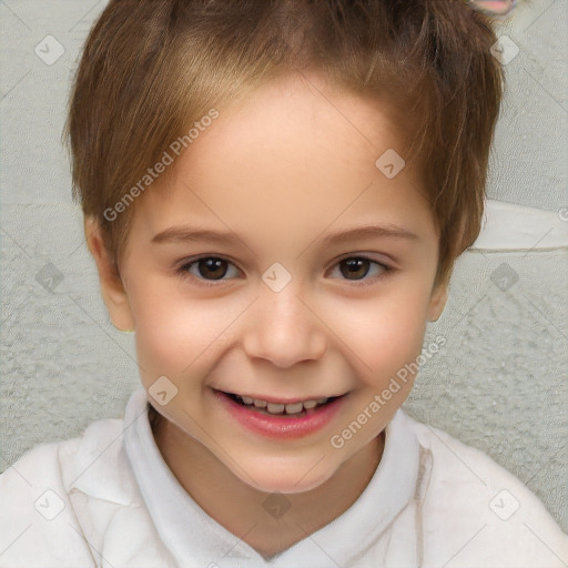 Joyful white child female with short  brown hair and brown eyes