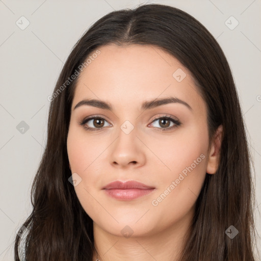 Neutral white young-adult female with long  brown hair and brown eyes