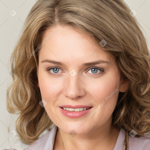 Joyful white young-adult female with medium  brown hair and green eyes