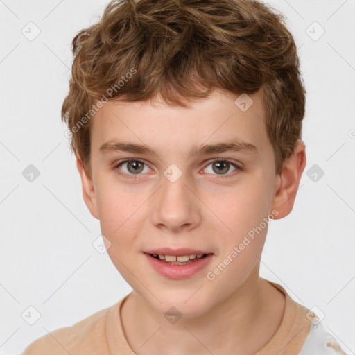 Joyful white child male with short  brown hair and brown eyes