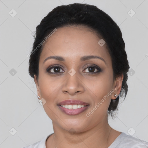 Joyful latino young-adult female with medium  black hair and brown eyes