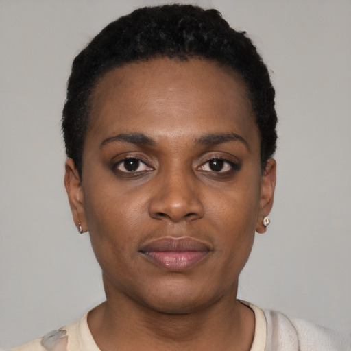Joyful latino young-adult female with short  black hair and brown eyes