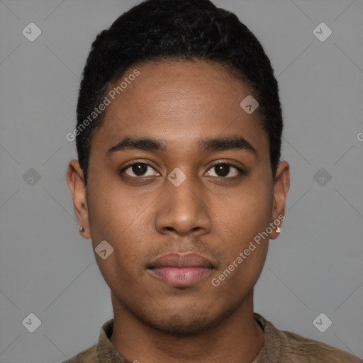 Neutral black young-adult male with short  black hair and brown eyes