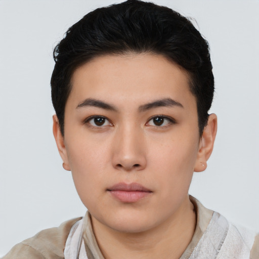 Neutral asian young-adult female with short  black hair and brown eyes
