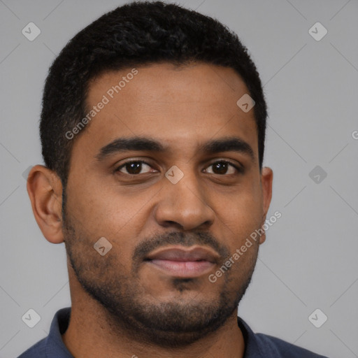 Neutral black young-adult male with short  black hair and brown eyes