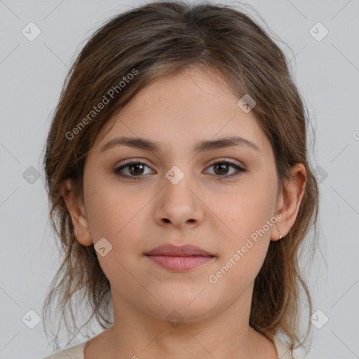 Neutral white young-adult female with medium  brown hair and brown eyes