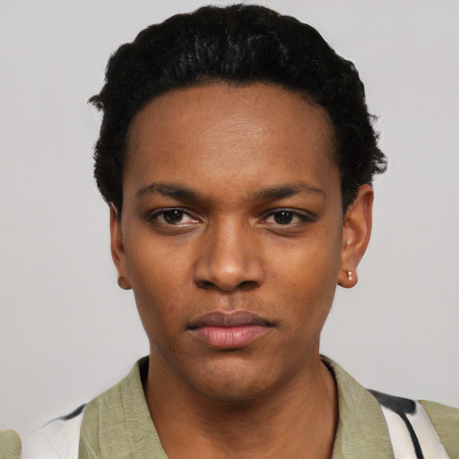 Neutral black young-adult male with short  black hair and brown eyes