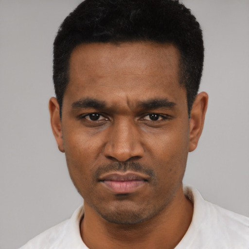 Neutral black young-adult male with short  black hair and brown eyes