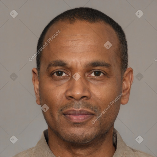 Neutral latino adult male with short  black hair and brown eyes