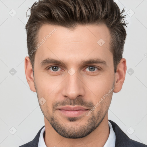 Neutral white young-adult male with short  brown hair and brown eyes