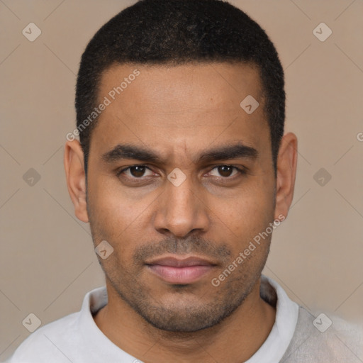 Neutral latino young-adult male with short  black hair and brown eyes