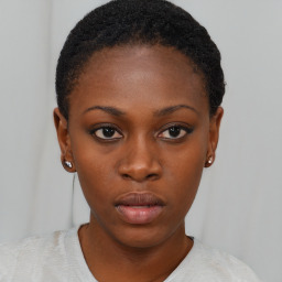 Neutral black young-adult female with short  black hair and brown eyes