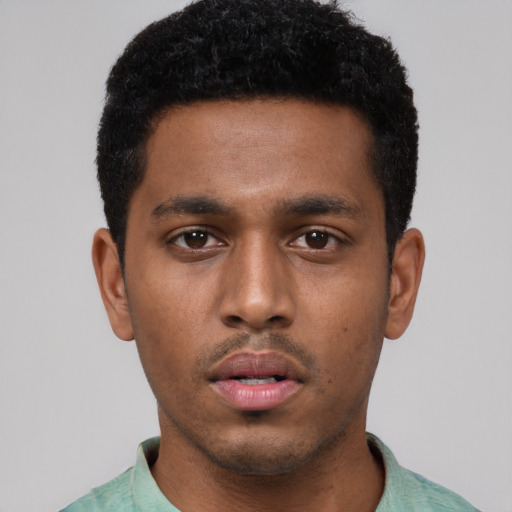 Neutral black young-adult male with short  black hair and brown eyes