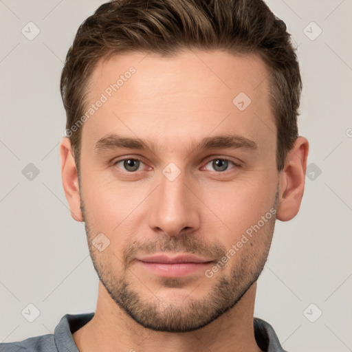 Neutral white young-adult male with short  brown hair and grey eyes