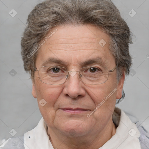 Joyful white middle-aged male with short  brown hair and brown eyes