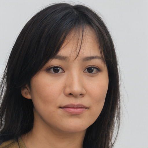 Neutral asian young-adult female with long  brown hair and brown eyes