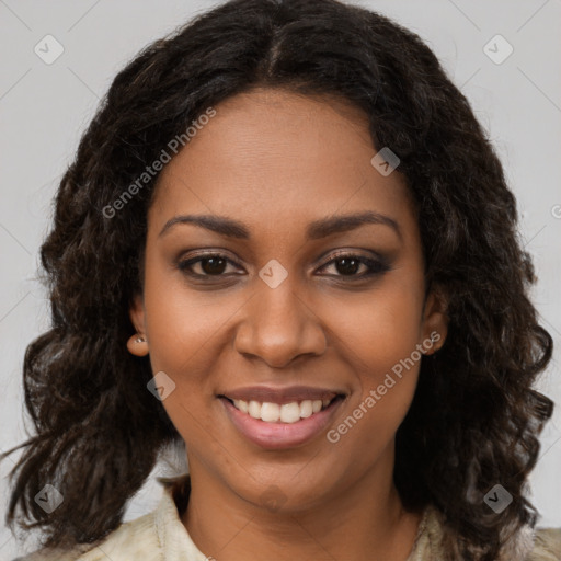 Joyful black young-adult female with long  brown hair and brown eyes