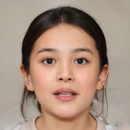 Joyful white child female with medium  brown hair and brown eyes