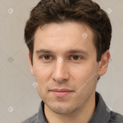 Neutral white young-adult male with short  brown hair and grey eyes