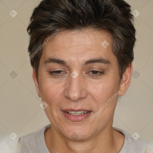 Joyful white adult female with short  brown hair and brown eyes