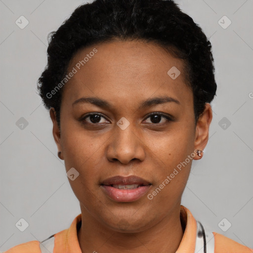 Neutral latino young-adult female with short  black hair and brown eyes