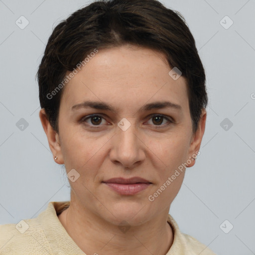 Joyful white young-adult female with short  brown hair and brown eyes