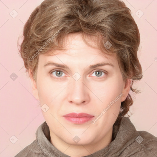 Neutral white young-adult female with medium  brown hair and blue eyes