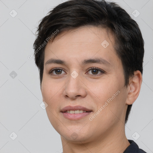 Joyful white young-adult female with short  brown hair and brown eyes